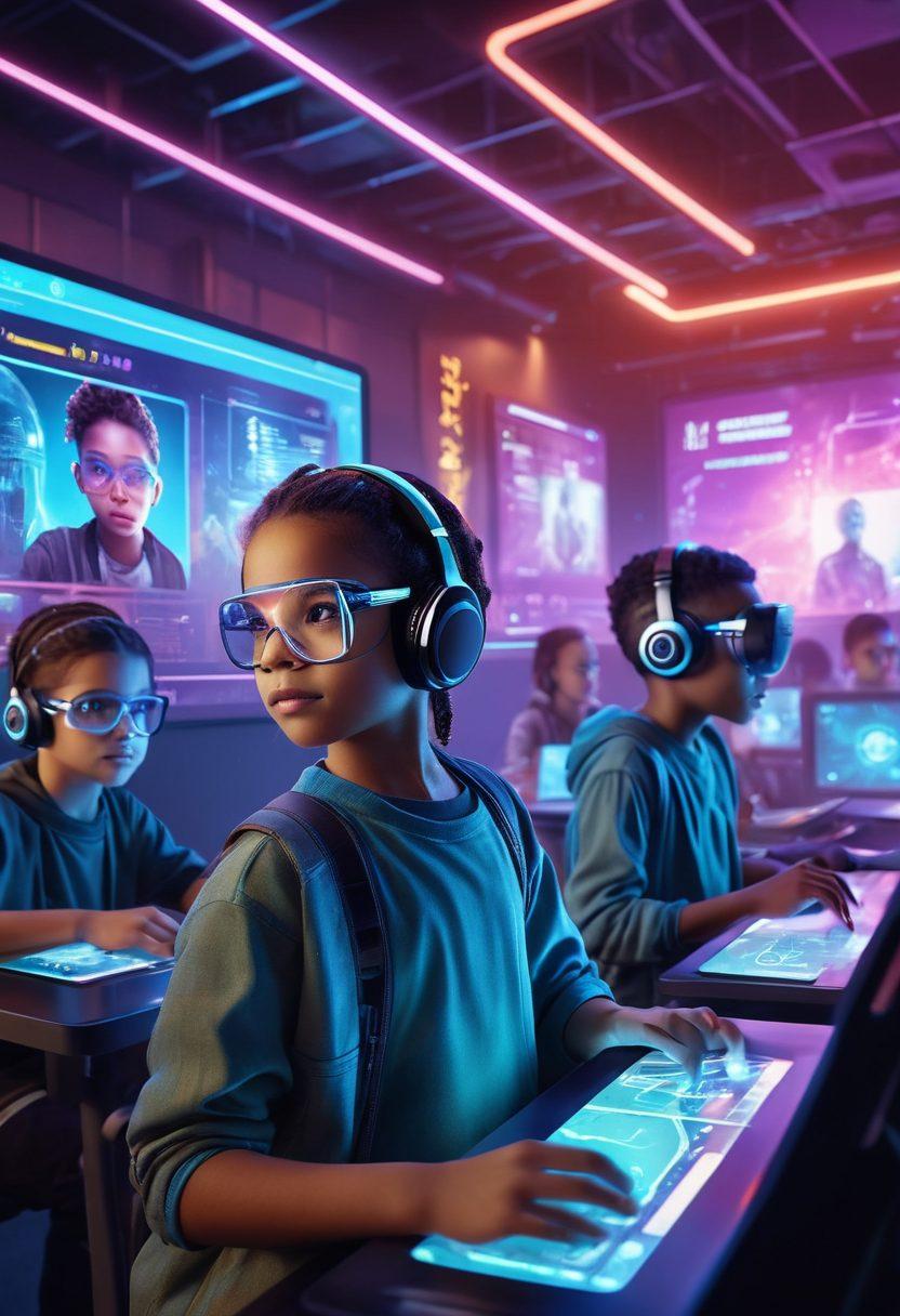 A futuristic classroom where children are actively engaging with holographic educational games; diverse group of children, both boys and girls, with bright, excited expressions. The room is filled with interactive screens, tablets, and VR headsets. In the background, a large digital scoreboard displays progress and achievements. cyberpunk. vibrant colors. 3D.