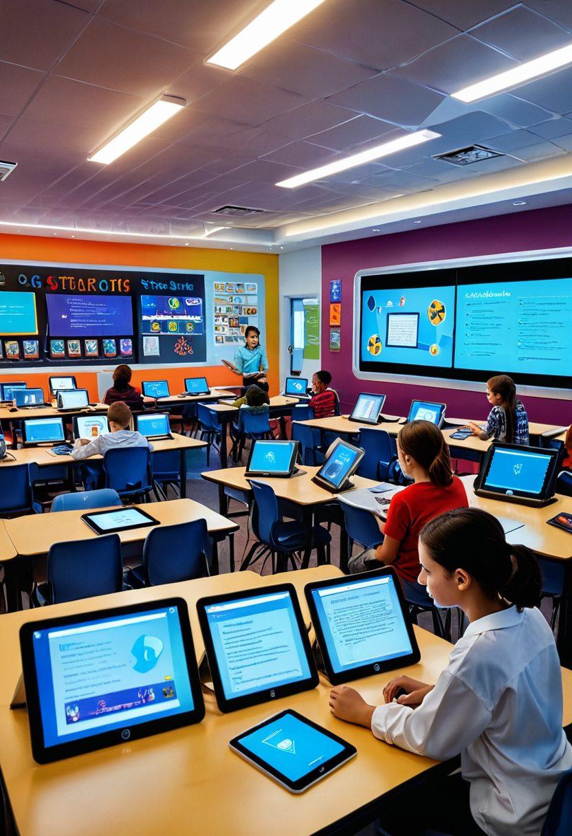 A vibrant classroom scene where students are engaging with digital tablets and playing interactive learning games. E-books open on the tablets show colorful, animated pages. Smiling teachers assist curious students. Background features smartboards and shelves filled with physical and e-books. futuristic, energetic, and educational atmosphere. super-realistic. vibrant colors.