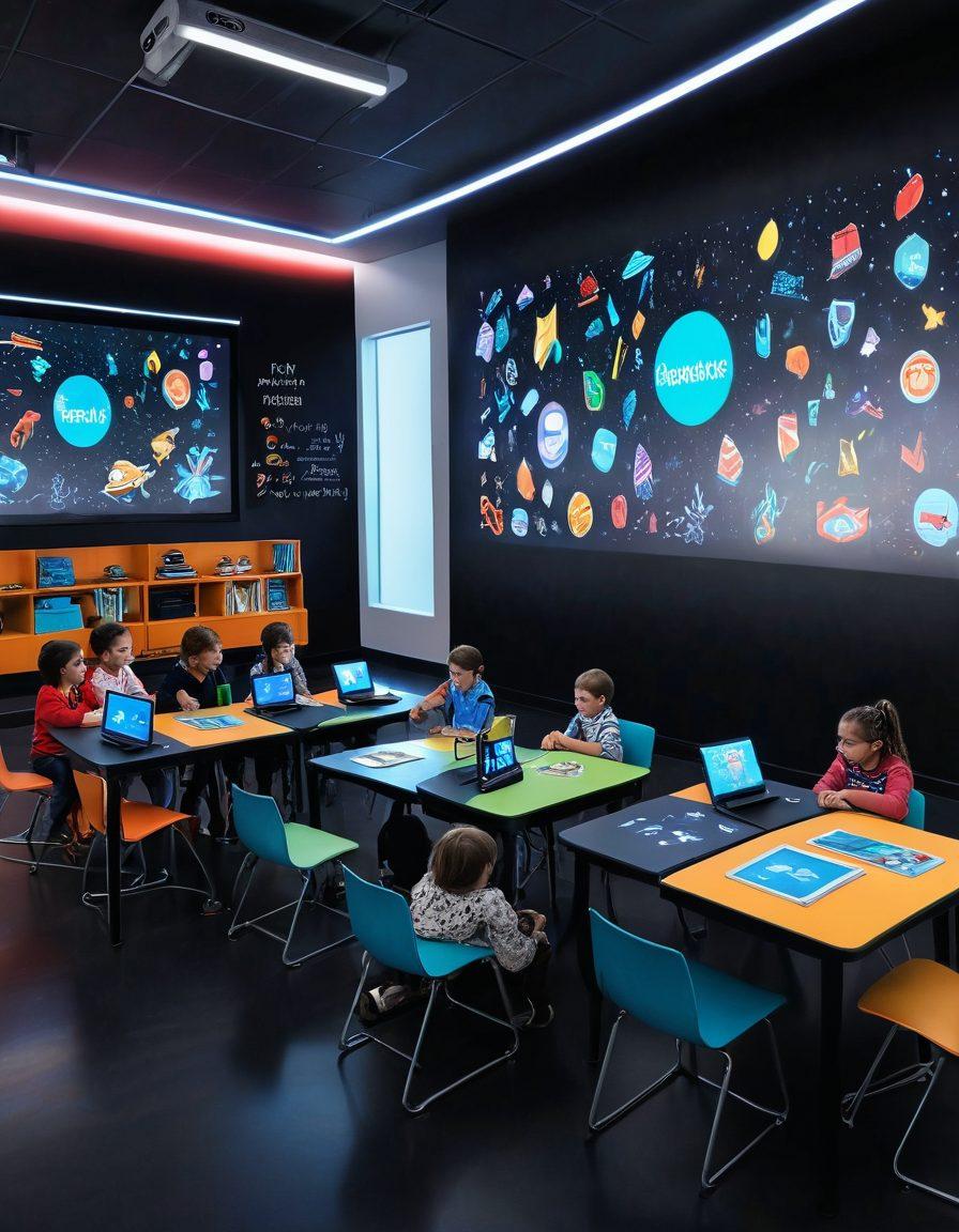 A vibrant, futuristic classroom where children are engaged with holographic e-books and interactive game screens. The room is filled with colorful, whimsical decorations that spark imagination. Kids wearing VR headsets explore educational adventures, with a digital blackboard displaying interactive lessons. vibrant colors. 3D. futuristic. imaginative.